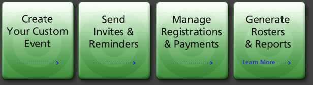 Create your custom online event registration, send e-invites and reminders, manage registrations and payments, generate registrant and attendee rosters and reports
